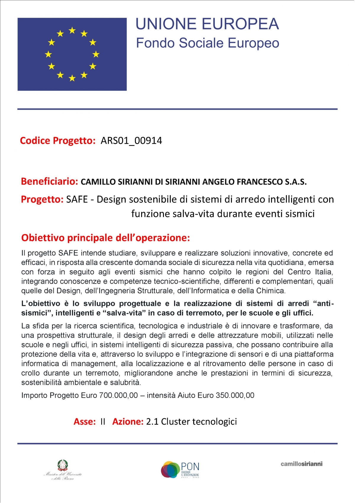 Progetto: SAFE - Design sostenibile di sistemi di arredo intelligenti con funzione salva-vita durante eventi sismici